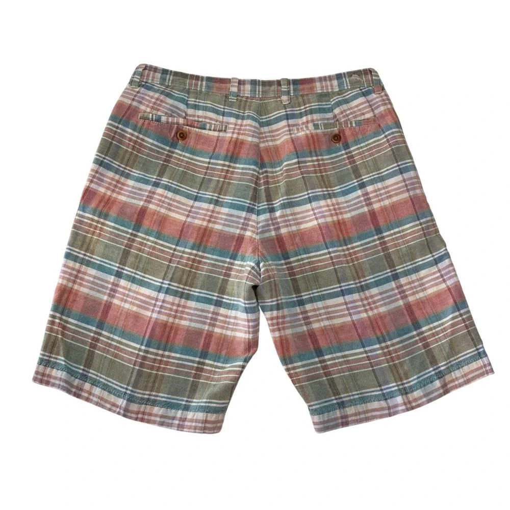 Tommy Bahama Mens Plaid Linen Tencel Shorts Multicolor Flat Front Size 33